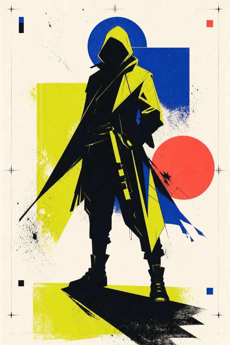 A faceless character rendered as bold screen-print key art